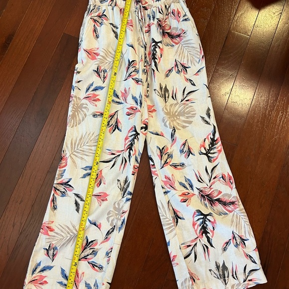Briggs tropical floral print wide leg Linen blend pants pockets beige tan size S - Picture 6 of 10